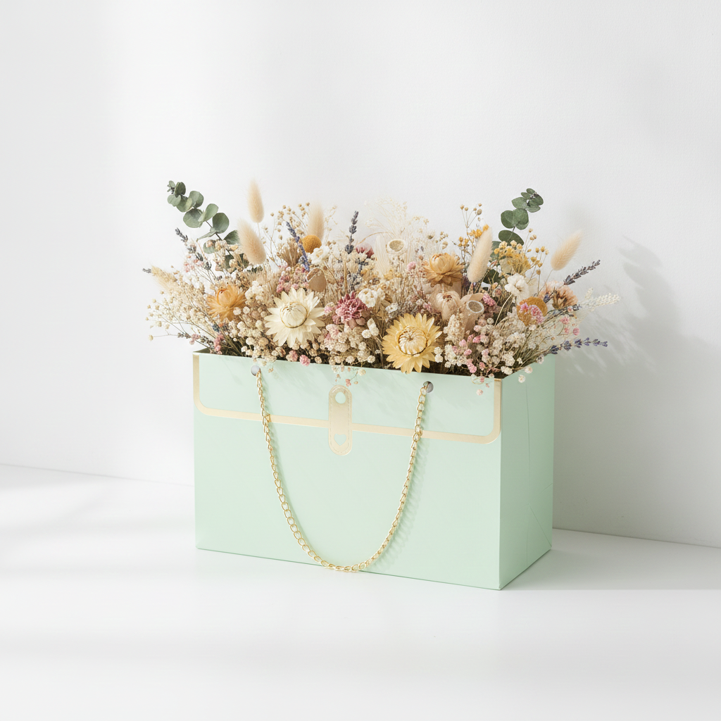 Flower box kabelka Tiffany zelená 22 cm se zlatým řetízkem pro květinová aranžmá, svatební dekorace a dárkové flower boxy